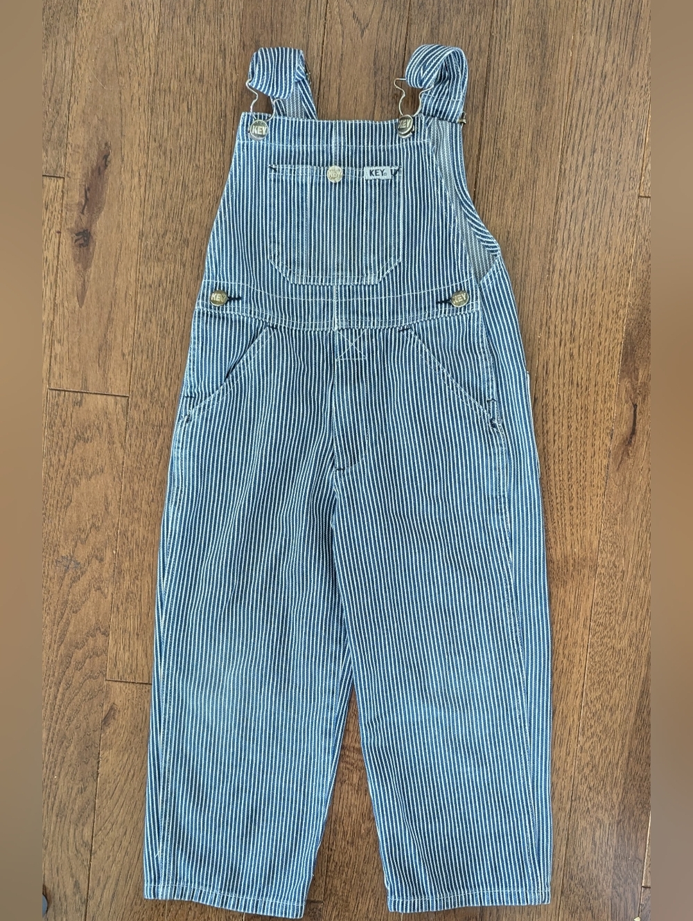 Key Toddler Denim Bib Overalls Blue/White Striped Pockets 4T